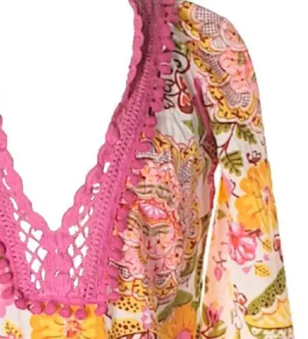 Monique Leshman š Floral Print Pom Pom Tunic Top š Fuchsia Pink Spring Yellow