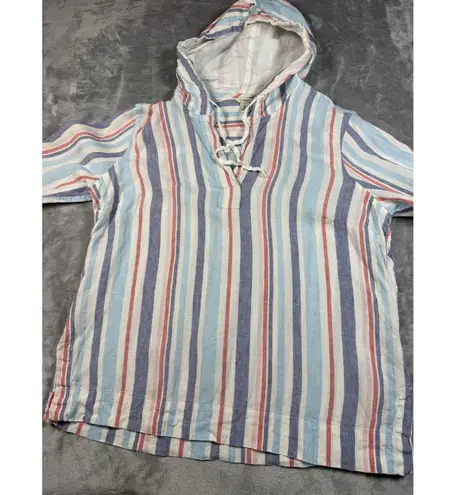 LL Bean Pullover Womens Medium Blue Red White Stripe 100% Linen Hoodie Top Beach