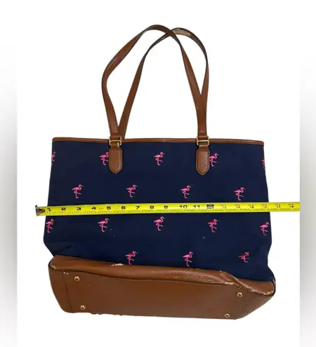LAUREN Ralph Lauren Flamingo Embroidered Canvas Tote Bag with Leather Trim Blue