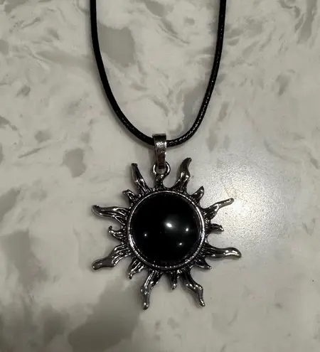 Handmade Necklace Black Obsidian Sun pendant w Faux Leather Cord New