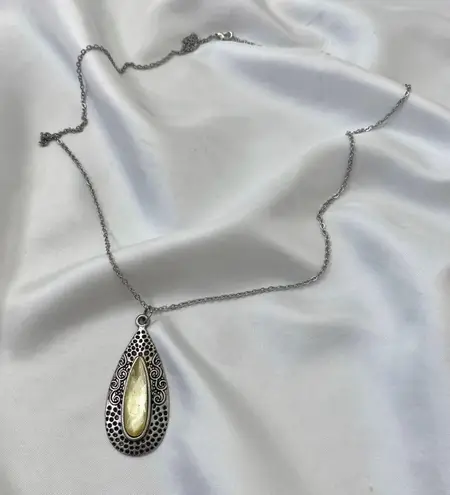 Silver Yellow Witchy Intricate Oval Stone Pendant Necklace