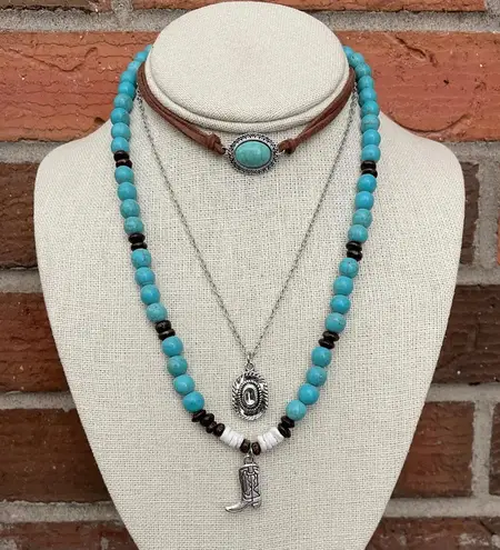 Cowboy Hat and Boot Necklace Set with Turquoise & Wood Blue