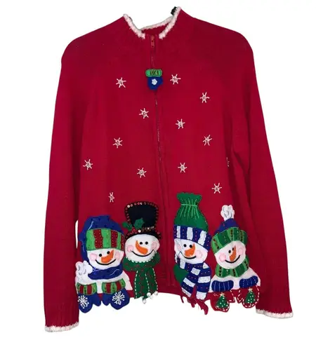Tiara International Red Full Zip Christmas Snowman Sweater