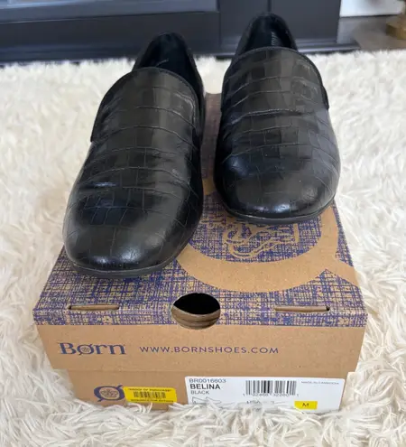 Born Belina Black Leather Crocodile Embossed Slip On Loafer Women's 9 NEW w/ Box