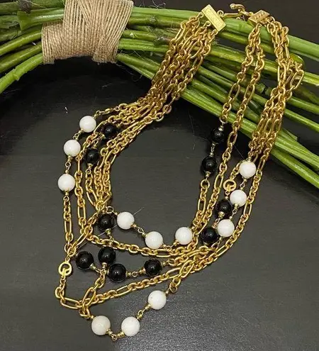 St. John Vintage  Black/White Beaded Multi Strand Layered Gold tone Chain Necklace