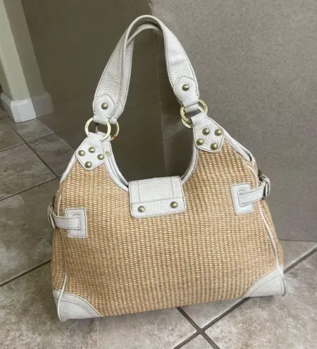 Rafe Woven Straw Hobo Bag White Leather Trim Studded Accents Cute Chic Purse Tan