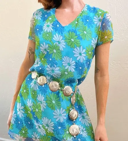 Vintage Blue  Daisy Floral Print Short Sleeve Mini Mod Dress