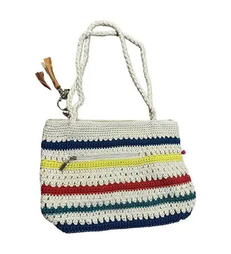 The Sak Crocheted Shoulder Bag Medium Handbag Stripes with pink pom pom row