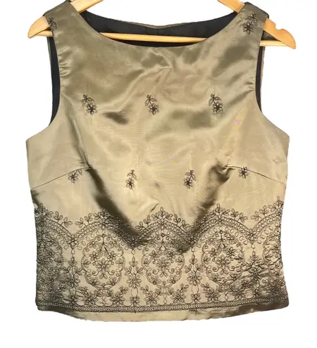 J.R. Nites Womens Olive Satin Shimmer Embroidered Goth Glam Evening Top Size 12 Green