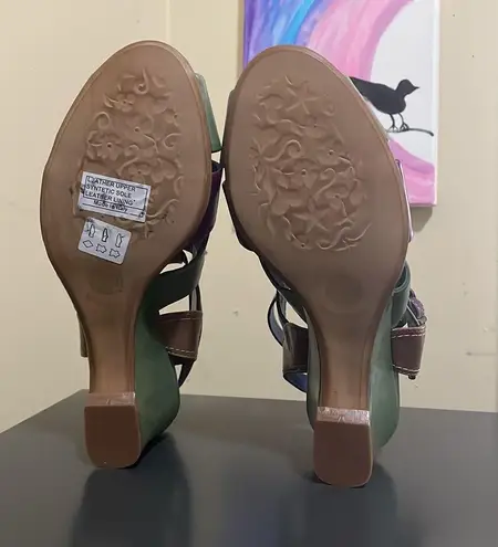 Lazio Collezione Leather Bubba Green Purple Brown 2.5” Wedge Sandals $195 EUC US Women 6.5 ; EUR 37