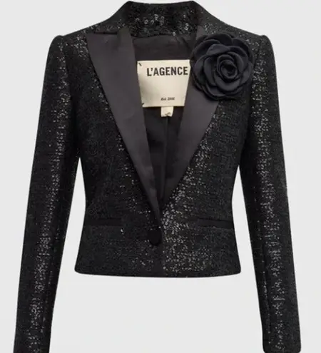 L'Agence Scarlet Black Sequin Cropped Blazer with Rose Pin Size 6