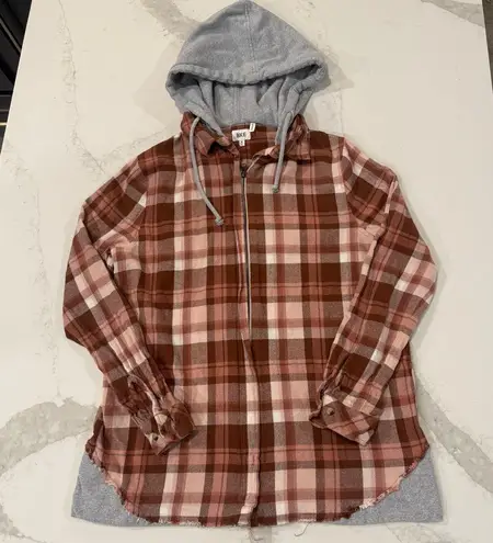 BKE Boyfriend Hooded Distressed Flannel Full Zip Shacket Womens Medium Rust Pink
