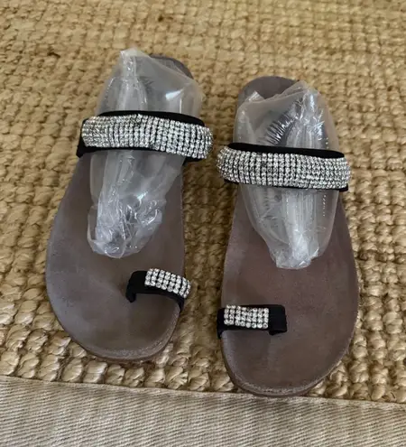 Mephisto Helen Spark Sandals 38 Black Rhinestone Cork Wedge Comfort Slides Size 7.5