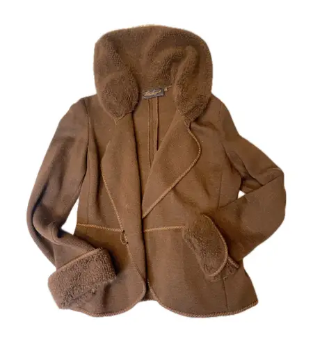 Luisa Spagnoli Brown Wool Angora Blend Fur Trimmed Knit Jacket Size M Size M