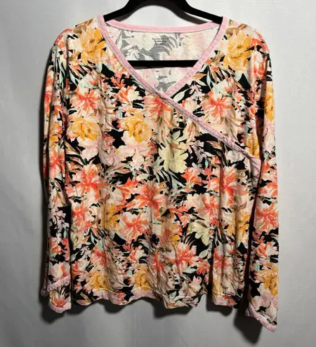 Garnet Hill Floral Long Sleeve Top Organic Cotton Pink Trim Floral Boho Office L