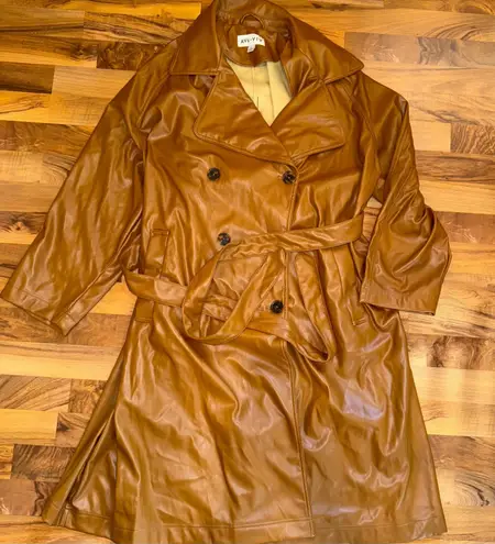 Ava & Viv Womens 2X Faux Leather Trench Coat Brown Belted Double Breasted fall
