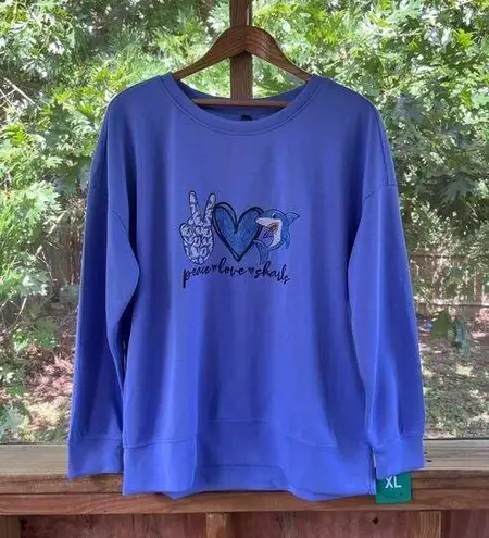 Mondetta Women's Blue "Peace Love Sharks" Sweatshirt Size XL. NEW - Image 1