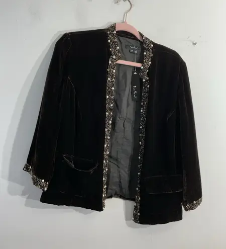 ECI Womans Ny Blazer 10 Brown Pearl Stud Accent 3/4 Sleeve Lined Pockets NWT