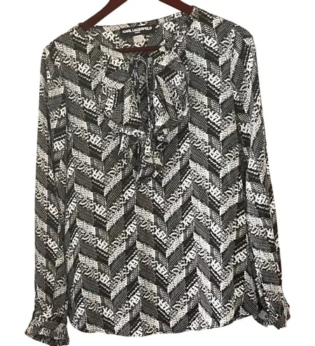 Karl Lagerfeld Karl Lagerfield Paris Tie Front Ruffle Long Sleeve Blouse Black White Medium