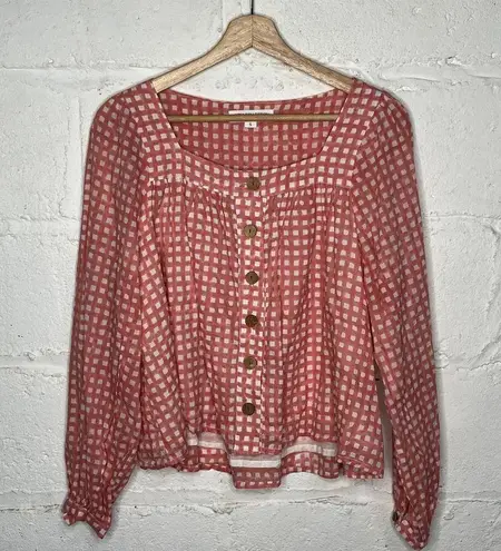 Emerson Fry Laurent Women's Blouse Pink Gingham Organic Cotton Peasant Top Small