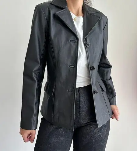 Vintage Leather Jacket Womens Small Button Front Goth Punk Minimalist Tanners NY Black