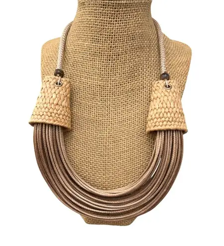 None Multi Strand Cord Straw Necklace Muted Gold Tribal Vacation Chunky Cruise Adj 25