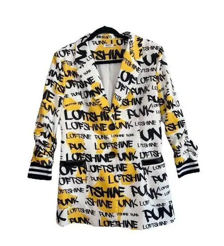 WHY Dress Rare Graffiti Print Jacket White Yellow Black Pockets 2 Buttons, Large
