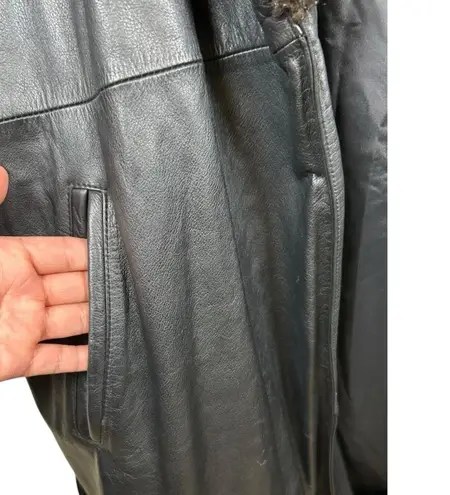 Vtg Laura Winston Collection XL Black Leather Trench Coat Fox Fur Collar