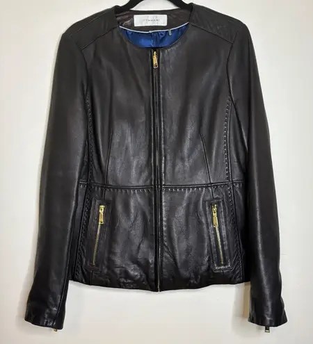 T Tahari Black Leather Collarless Zip Front Jacket Women's Size L
