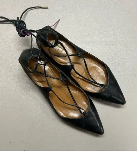 Aquazzura Christy Flat Black Leather Tie Up Lace Ankle Gold Plated EUR Size 35.5