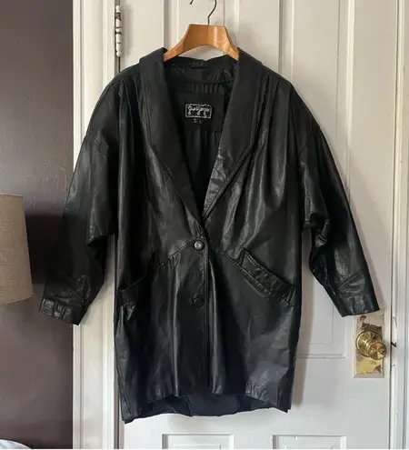 Vintage Leather Trench Jacket Puff Sleeve Button Front Black Oversized Large