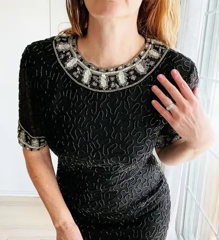 Vintage 80s Silk Beaded Sheath Dress, Formal, Black Tie Cocktail Kazar Blk/Gld Size 6