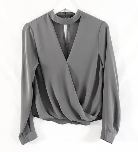 Slate Gray Surplice Choker Neck Long Sleeve Blouse Top