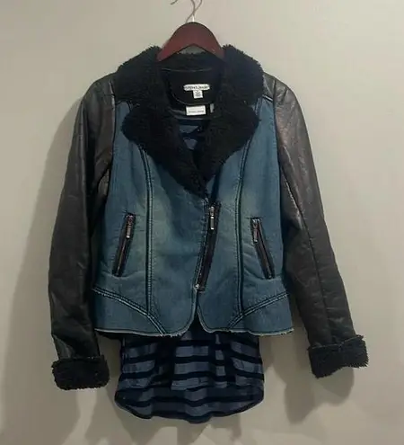 Tribal Jeans Y2K faux shearling pleather moto jacket zip with fur Blue Size M