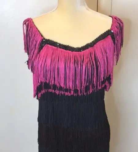 Vassarette Vintage black and pink all over party fringe dress size small