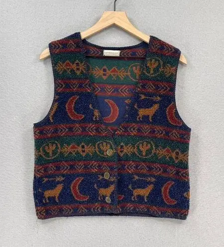 Coldwater Creek Vintage  Vest Womens Sm/Md Blue Southwestern Howling Wolf Boho