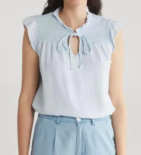 FOR THE REPUBLIC Smocked Ruffle Sleeveless Top XS Baby Blue Chambray