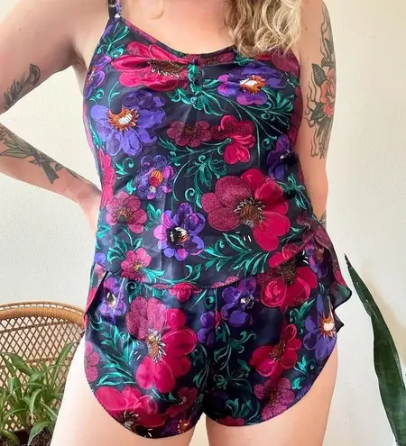 80s Jewel Tone Floral Camisole Sleep Set M/L Black Size L