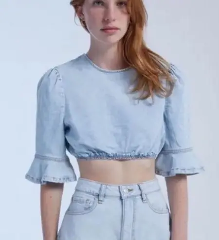 We Wore What Indigo Comfort Cropped Denim Top