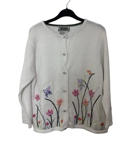 Vintage Butterfly Beaded Flower Embroidered Cardigan Size Small Grannycore White