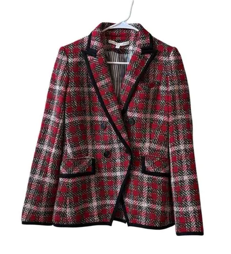 Veronica Beard Harriet Plaid Cutaway Tweed Dickey Blazer Red Sz 2