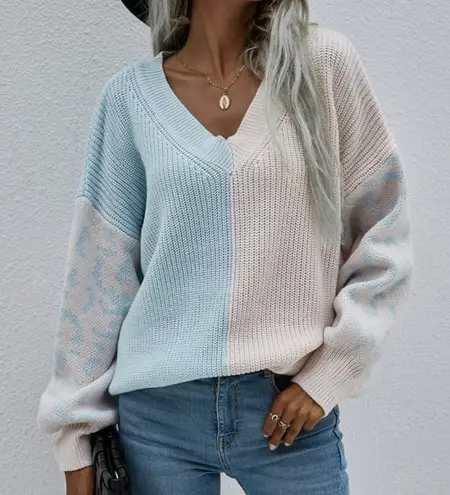 V Neck Leopard Color Block Patchwork Oversized Sweater Pink Blue Small