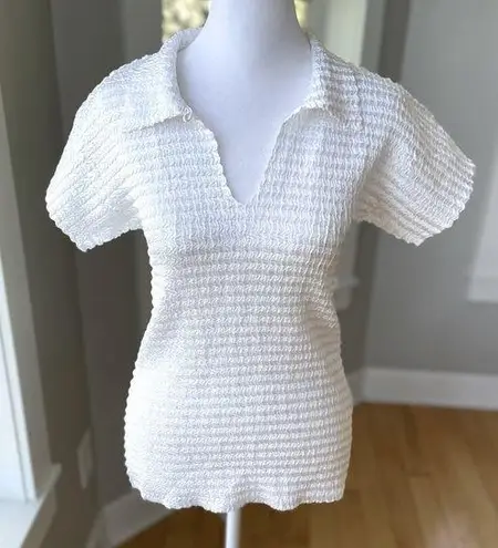 Vintage 90s Y2K White Crinkle Fabric Short Sleeve Polo Collared Top Size Small