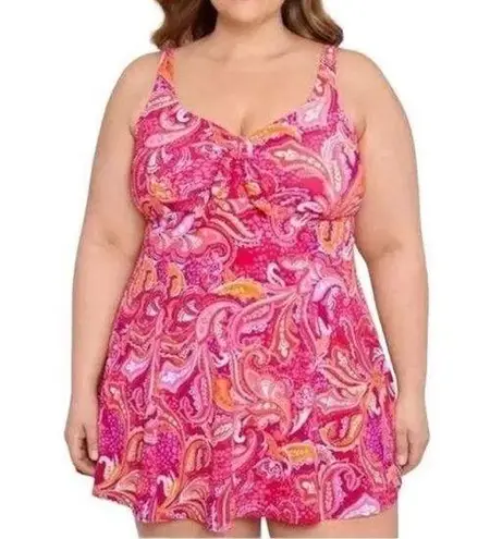 SWIM SOLUTIONS Tummy Control Bow Front Swim Dress Swimsuit Pink Size 8