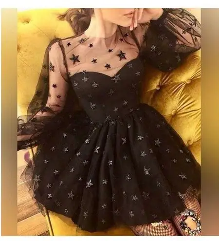 Lirika Matoshi Sz XL Teuta Tulle Dress Star Embellished in Black