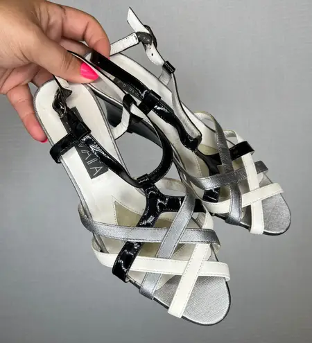 Prevata Italy Women's 6.5 C Black Silver White Strappy Wedge Sandals
