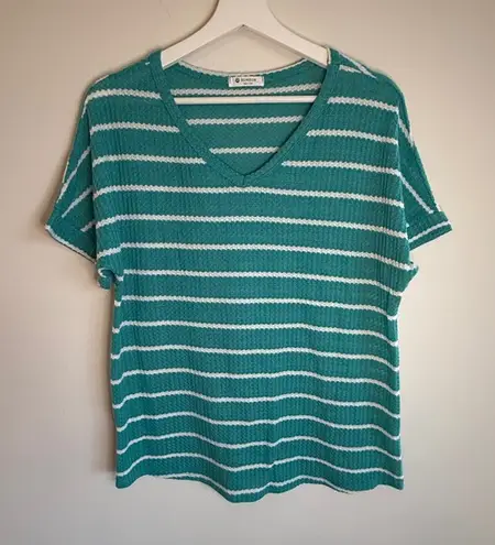 BomBom Teal Striped V Neck Top Casual Short Sleeve Waffle Knit Relaxed Fit Green Size L