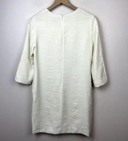 Vince  Snakeskin Jacquard Shift Dress Size 4 Ivory‎ 3/4 Sleeve Pockets Lined