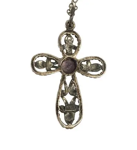 Vintage 18.5" 925 Sterling Silver Cross Dainty Necklace with Amethyst Stone Purple