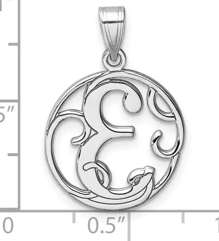 Sterling Silver Small Rhodium-plated Fancy Script Letter E Initial Pendant